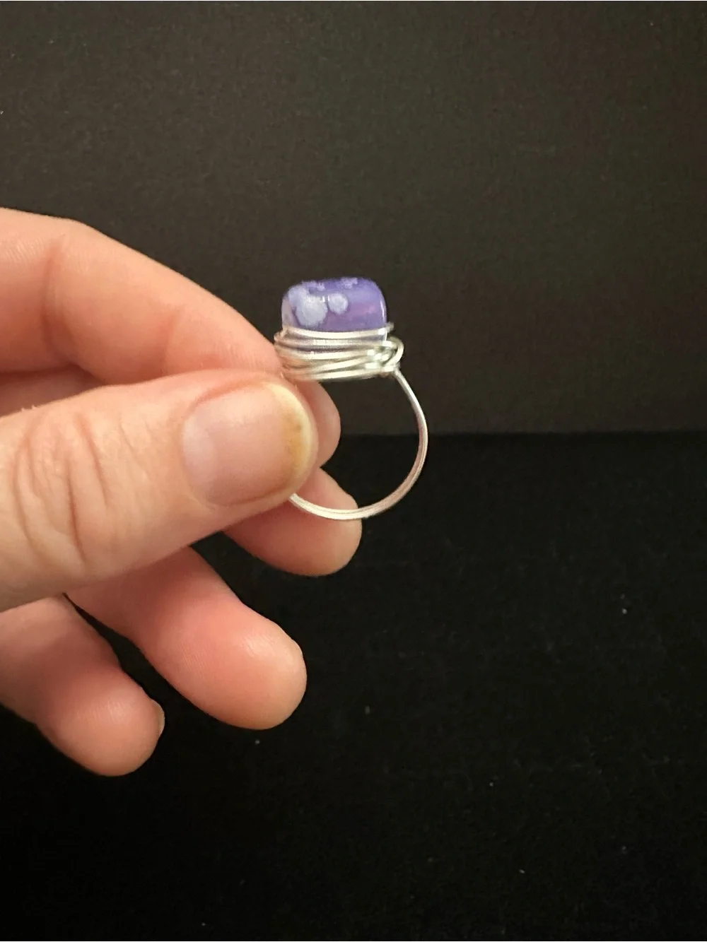 Silver Vermeil wire wrapped Ring with Purple Glass Cabachon.